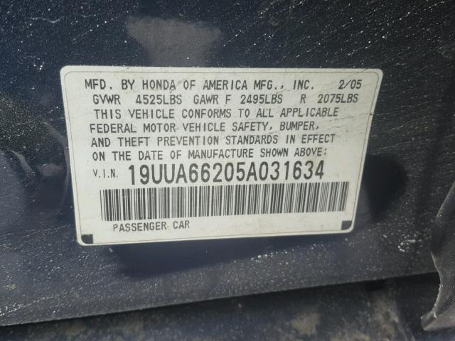 19UUA66205A031634 - 2005 ACURA TL BLUE photo 10