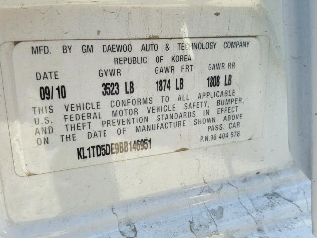 KL1TD5DE9BB146951 - 2011 CHEVROLET AVEO LS 白色 照片 10