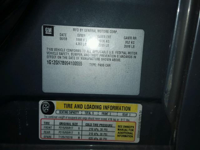 1G1ZG57B994100555 - 2009 CHEVROLET MALIBU LS ნაცრისფერი ფოტო 10