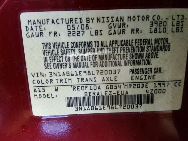 3N1AB61E98L720037 - 2008 NISSAN SENTRA 2.0 RED photo 10