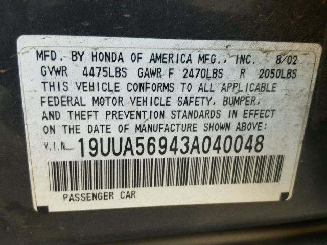 19UUA56943A040048 - 2003 ACURA 3.2TL TYPE GRAY photo 10