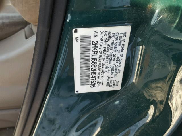 2HKRL18682H547536 - 2002 HONDA ODYSSEY EX GREEN photo 10