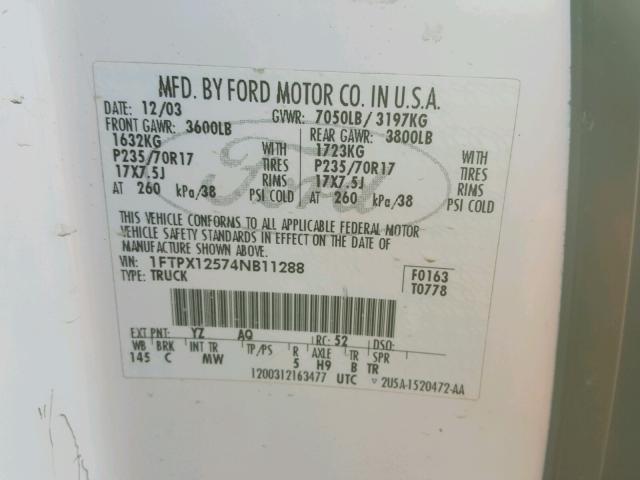 1FTPX12574NB11288 - 2004 FORD F150 WHITE photo 10