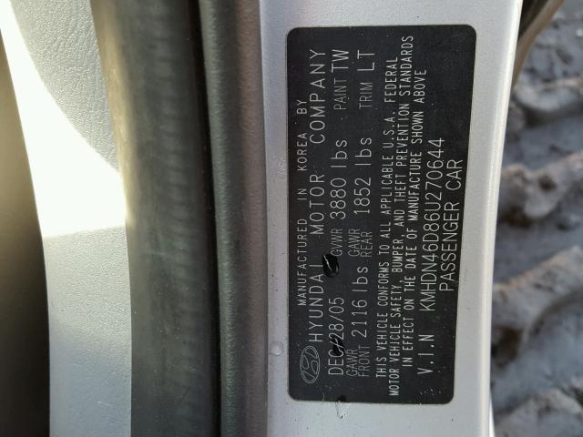 KMHDN46D86U270644 - 2006 HYUNDAI ELANTRA GL SILVER photo 10