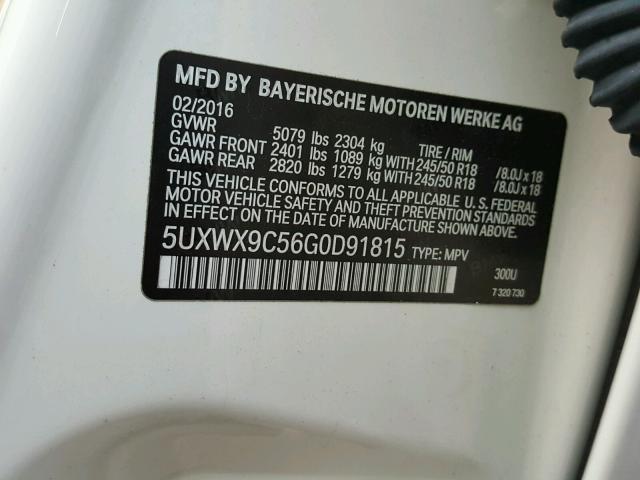 5UXWX9C56G0D91815 - 2016 BMW X3 XDRIVE2 WHITE photo 10