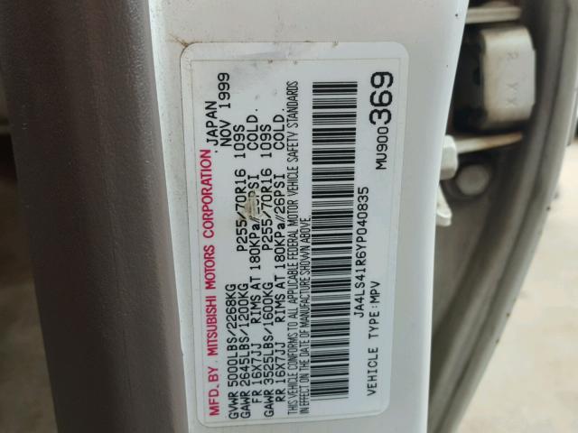 JA4LS41R6YP040835 - 2000 MITSUBISHI MONTERO SP WHITE photo 10