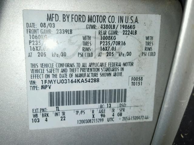 1FMYU03164KA54288 - 2004 FORD ESCAPE XLT SILVER photo 10