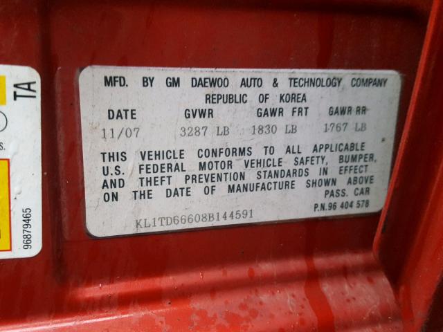 KL1TD66608B144591 - 2008 CHEVROLET AVEO BASE Qırmızı foto 10
