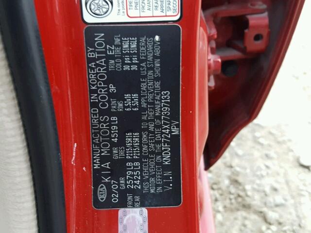 KNDJF724X77397133 - 2007 KIA SPORTAGE L RED photo 10