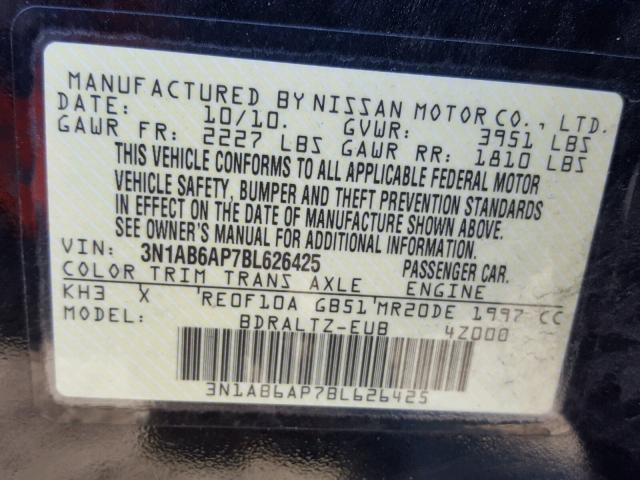 3N1AB6AP7BL626425 - 2011 NISSAN SENTRA 2.0 BLACK photo 10