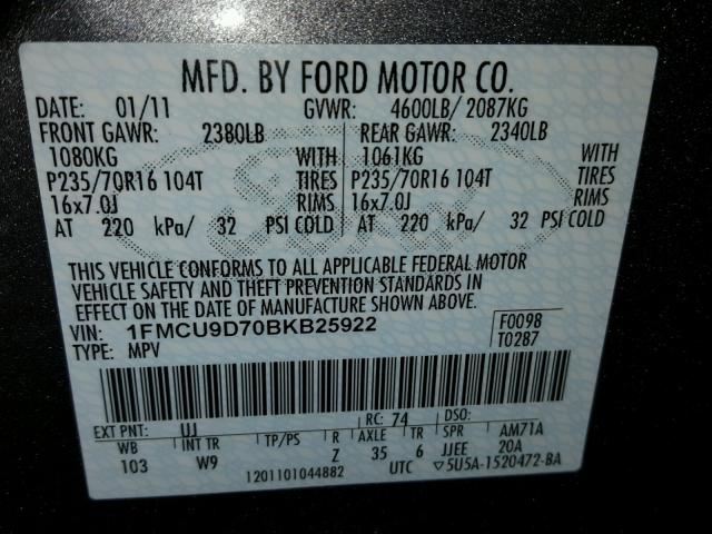 1FMCU9D70BKB25922 - 2011 FORD ESCAPE XLT GRAY photo 10