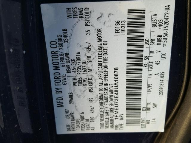 1FMEU73E48UA10878 - 2008 FORD EXPLORER X BLUE photo 10