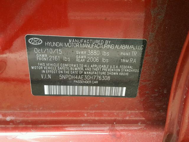 5NPDH4AE3GH776308 - 2016 HYUNDAI ELANTRA SE RED photo 10