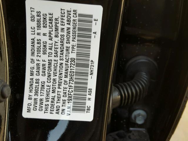 19XFC1F73HE017230 - 2017 HONDA CIVIC EXL BLACK photo 10