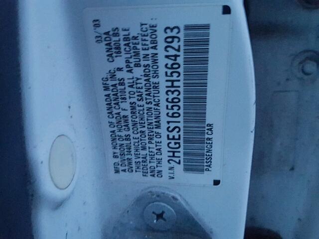 2HGES16563H564293 - 2003 HONDA CIVIC LX WHITE photo 10