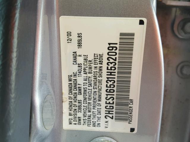 2HGES16531H532091 - 2001 HONDA CIVIC LX SILVER photo 10