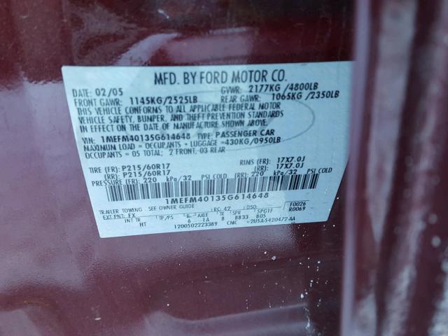 1MEFM40135G614648 - 2005 MERCURY MONTEGO LU MAROON photo 10