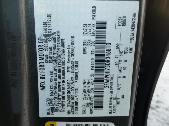 3FA6P0H75DR346810 - 2013 FORD FUSION SE GRAY photo 10