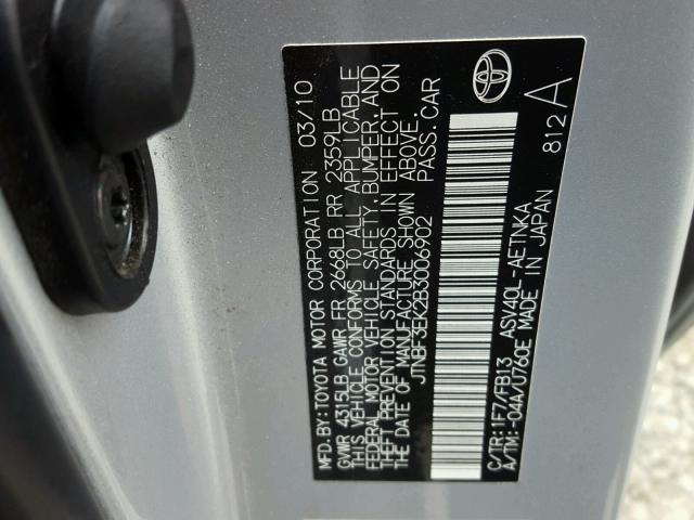 JTNBF3EK2B3006902 - 2011 TOYOTA CAMRY BASE SILVER photo 10