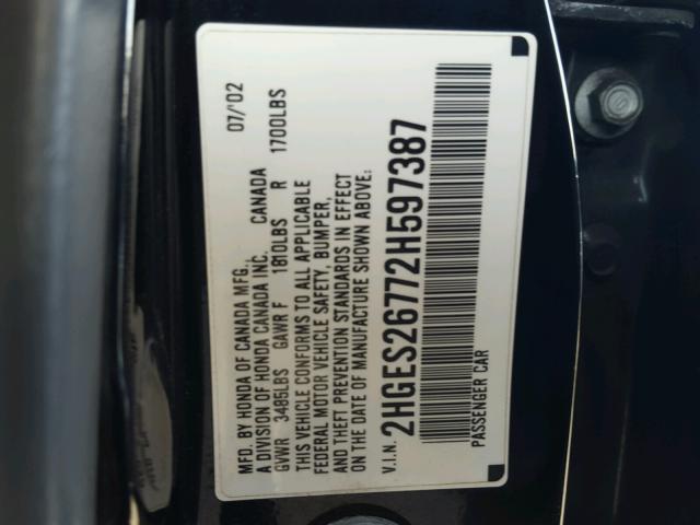 2HGES26772H597387 - 2002 HONDA CIVIC EX BLACK photo 10