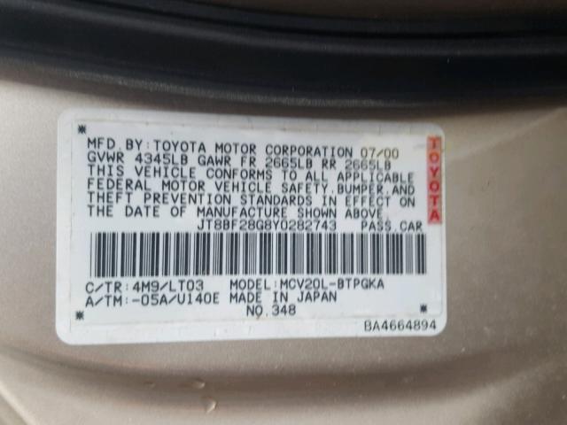 JT8BF28G8Y0282743 - 2000 LEXUS ES 300 GOLD photo 10