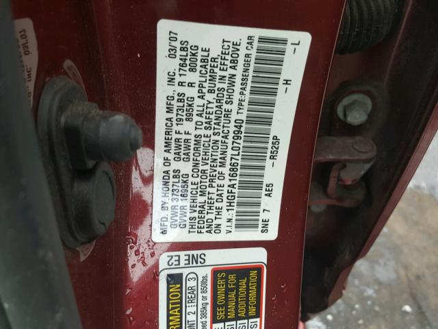 1HGFA16867L079940 - 2007 HONDA CIVIC EX RED photo 10