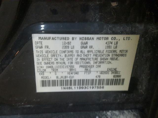 1N4BL11D93C197556 - 2003 NISSAN ALTIMA SE BLACK photo 10