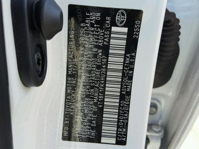 4T1BF1FK4HU364167 - 2017 TOYOTA CAMRY LE თეთრი ფოტო 10