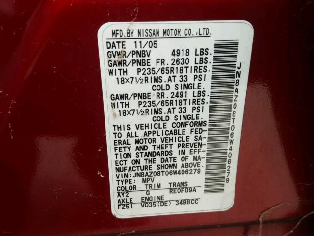 JN8AZ08T06W406279 - 2006 NISSAN MURANO SL RED photo 10