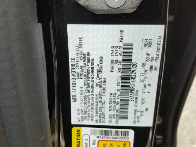 3FA6P0PU1GR229320 - 2016 FORD FUSION SE BLACK photo 10