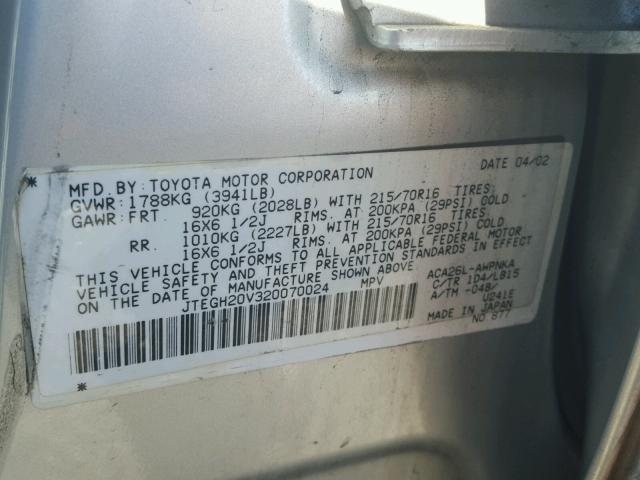 JTEGH20V320070024 - 2002 TOYOTA RAV4 SILVER photo 10