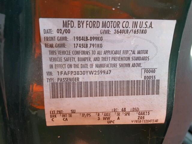 1FAFP3830YW259947 - 2000 FORD FOCUS ZTS GREEN photo 10