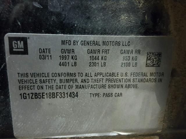 1G1ZB5E18BF331434 - 2011 CHEVROLET MALIBU LS 黑色 照片 10