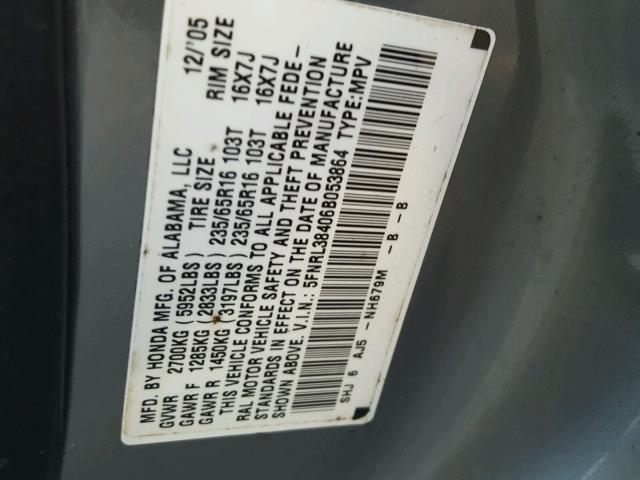 5FNRL38406B053864 - 2006 HONDA ODYSSEY EX GRAY photo 10