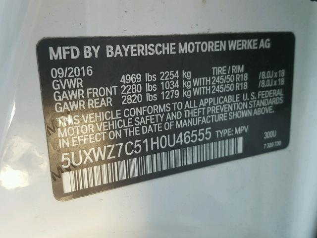 5UXWZ7C51H0U46555 - 2017 BMW X3 SDRIVE2 WHITE photo 10