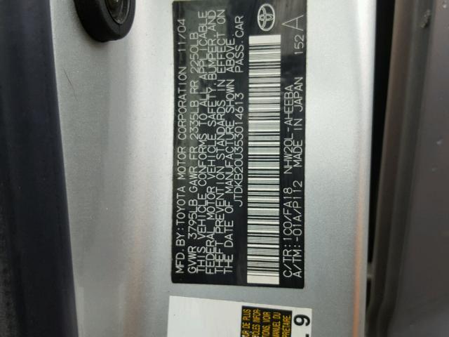 JTDKB20U353014613 - 2005 TOYOTA PRIUS SILVER photo 10