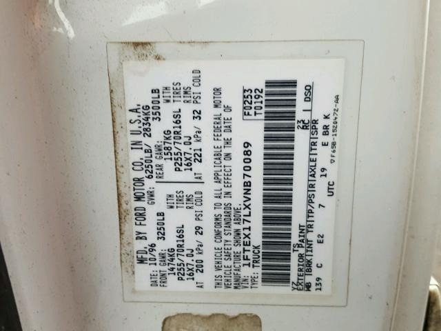 1FTEX17LXVNB70089 - 1997 FORD F150 WHITE photo 10