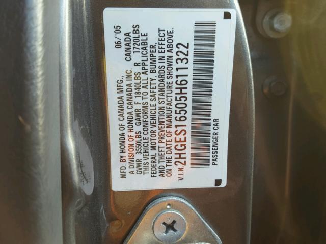 2HGES16505H611322 - 2005 HONDA CIVIC LX SILVER photo 10