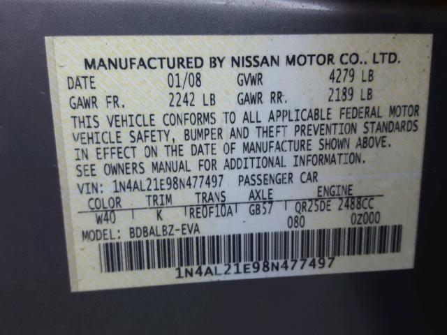 1N4AL21E98N477497 - 2008 NISSAN ALTIMA 2.5 GRAY photo 10