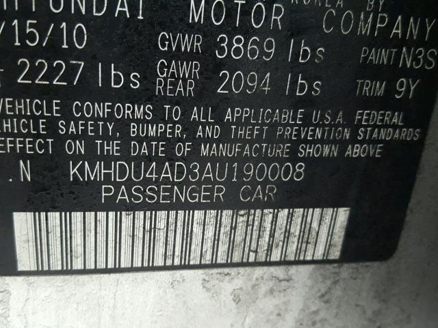 KMHDU4AD3AU190008 - 2010 HYUNDAI ELANTRA BL SILVER photo 10