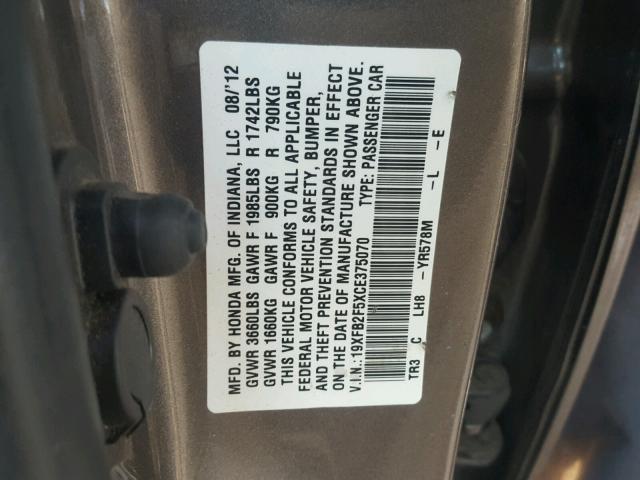 19XFB2F5XCE375070 - 2012 HONDA CIVIC LX GRAY photo 10