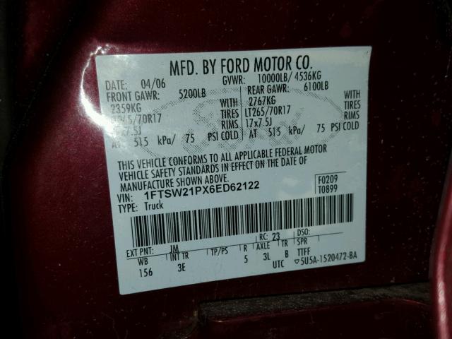 1FTSW21PX6ED62122 - 2006 FORD F250 SUPER MAROON photo 10