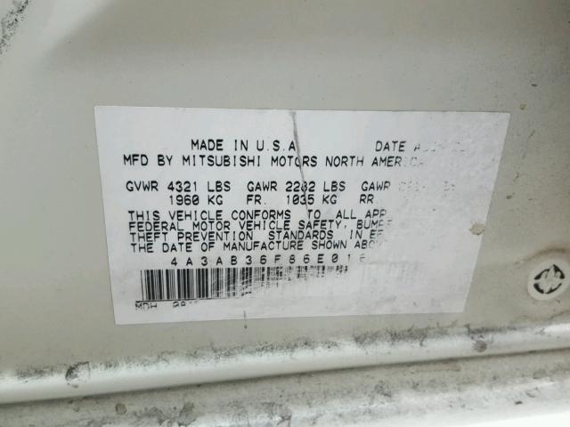 4A3AB36F86E016144 - 2006 MITSUBISHI GALANT ES WHITE photo 10