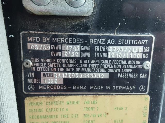 WDBCA45E0KA498539 - 1989 MERCEDES-BENZ 560 SEC BLUE photo 10