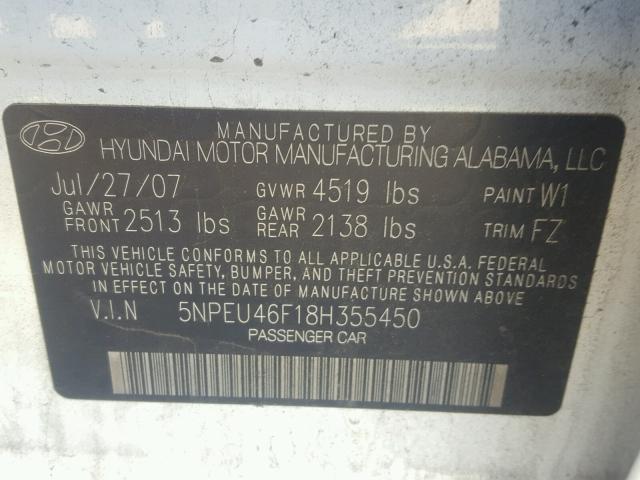 5NPEU46F18H355450 - 2008 HYUNDAI SONATA SE WHITE photo 10