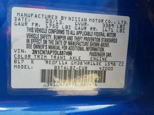 3N1CN7AP7DL887496 - 2013 NISSAN VERSA S BLUE photo 10