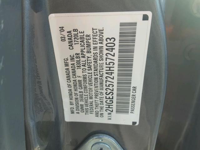 2HGES25724H572403 - 2004 HONDA CIVIC EX GRAY photo 10