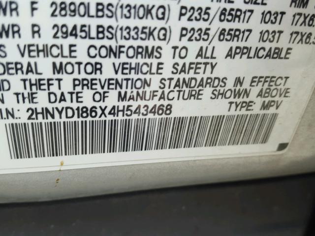 2HNYD186X4H543468 - 2004 ACURA MDX TOURIN SILVER photo 10