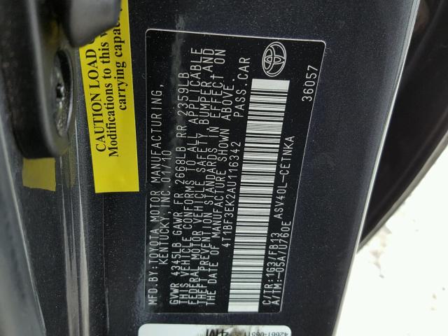 4T1BF3EK2AU116342 - 2010 TOYOTA CAMRY BASE CHARCOAL photo 10