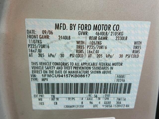 1FMCU94157KB08617 - 2007 FORD ESCAPE LIM SILVER photo 10